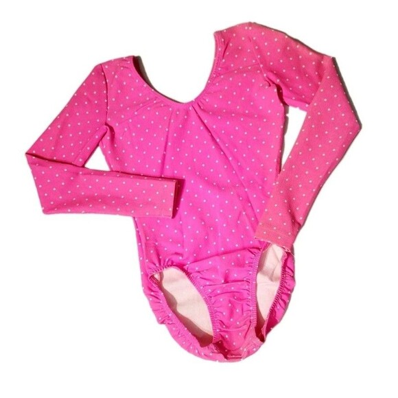 GK Elite VTG 90s Hot Pink Polkadot LS Cotton Leotard Bodysuit Size AXS Adult XS - Picture 1 of 15
